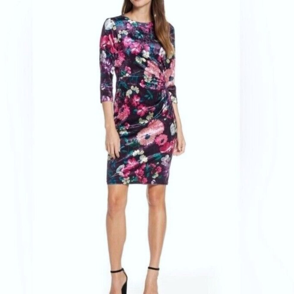 Eliza J Velvet Ruched Waist Dress Women’s 10 Jewel Tone Floral Glam Cottagecore